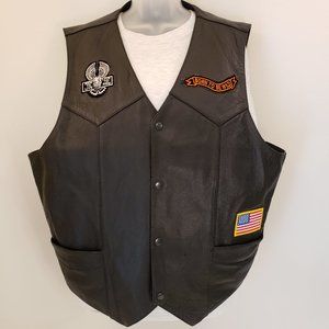 FMC Men's Black Leather Biker Motorcycle Vest, Snap buttons, Size 52